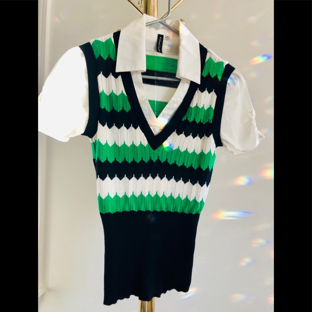 Stripe light pico knit vest with cotton sleeve and collar one piece.Jr M
